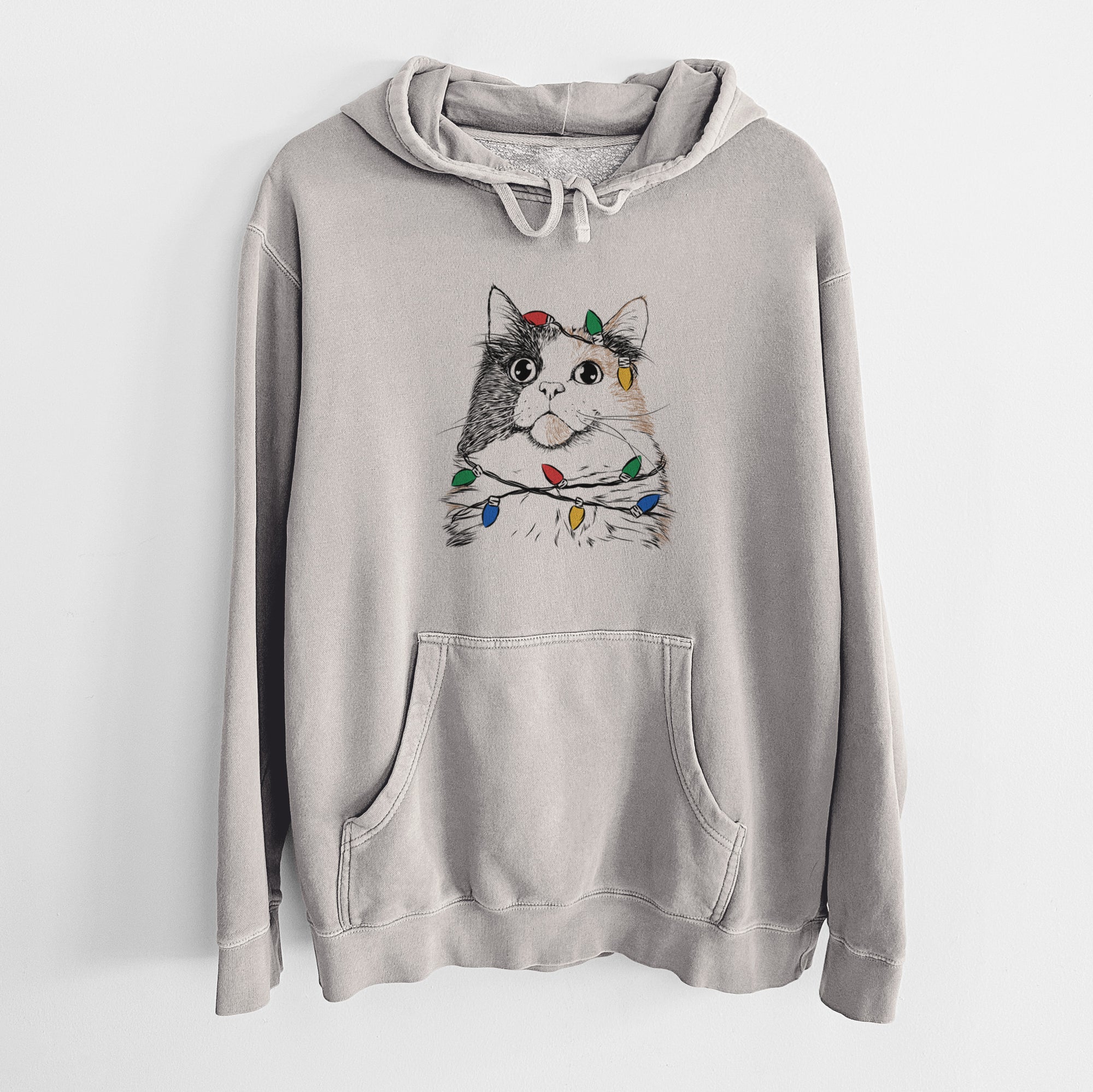 Christmas Lights Greta the Calico Cat - Unisex Pigment Dyed Hoodie