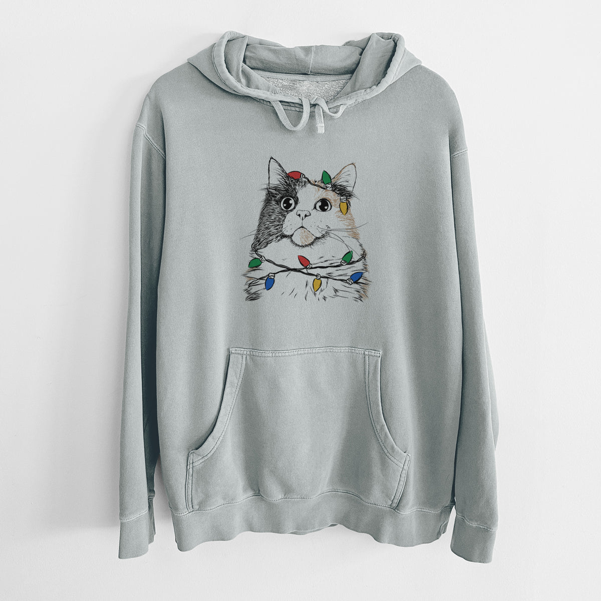 Christmas Lights Greta the Calico Cat - Unisex Pigment Dyed Hoodie