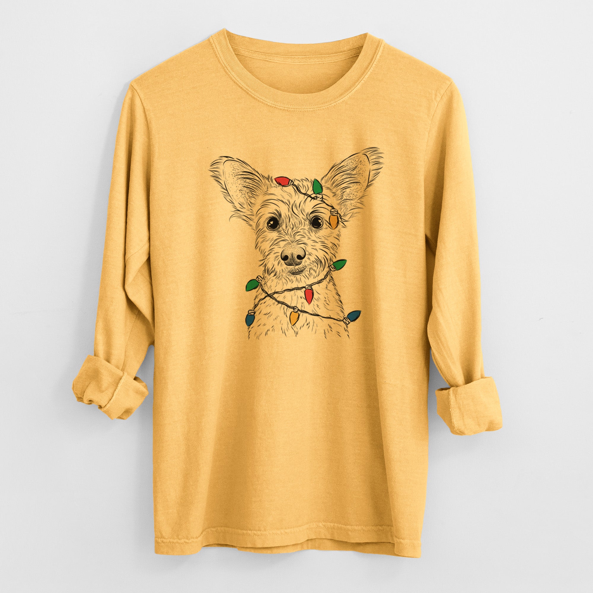 Christmas Lights Heidi the Schnauzer Mix - Heavyweight 100% Cotton Long Sleeve