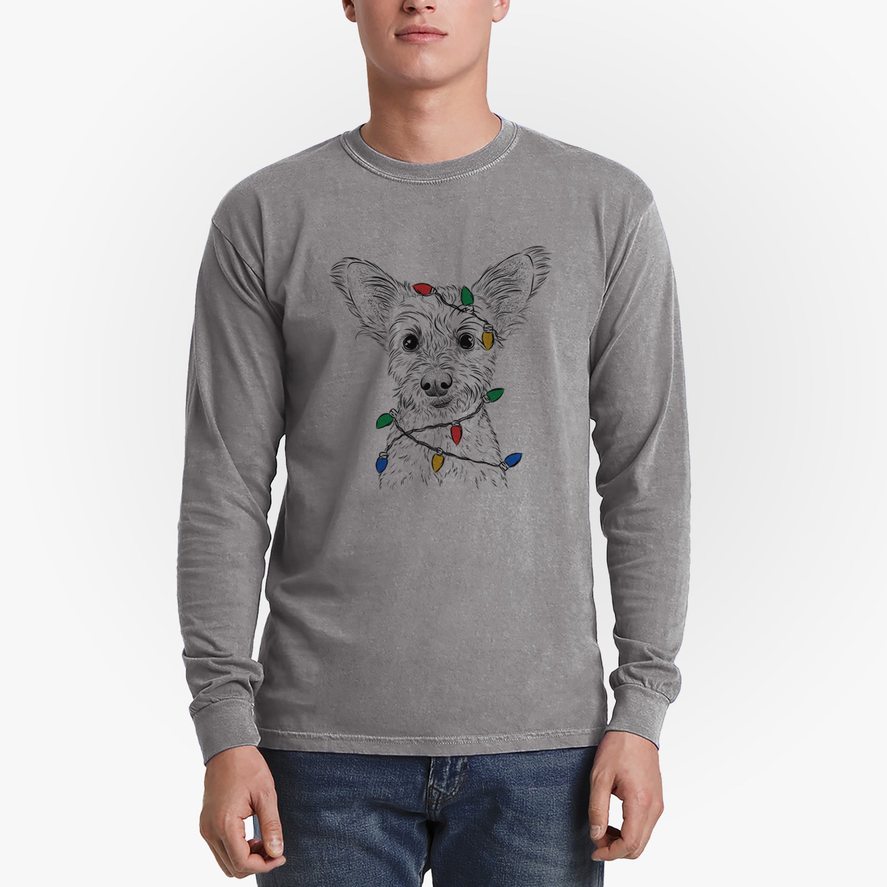 Christmas Lights Heidi the Schnauzer Mix - Heavyweight 100% Cotton Long Sleeve