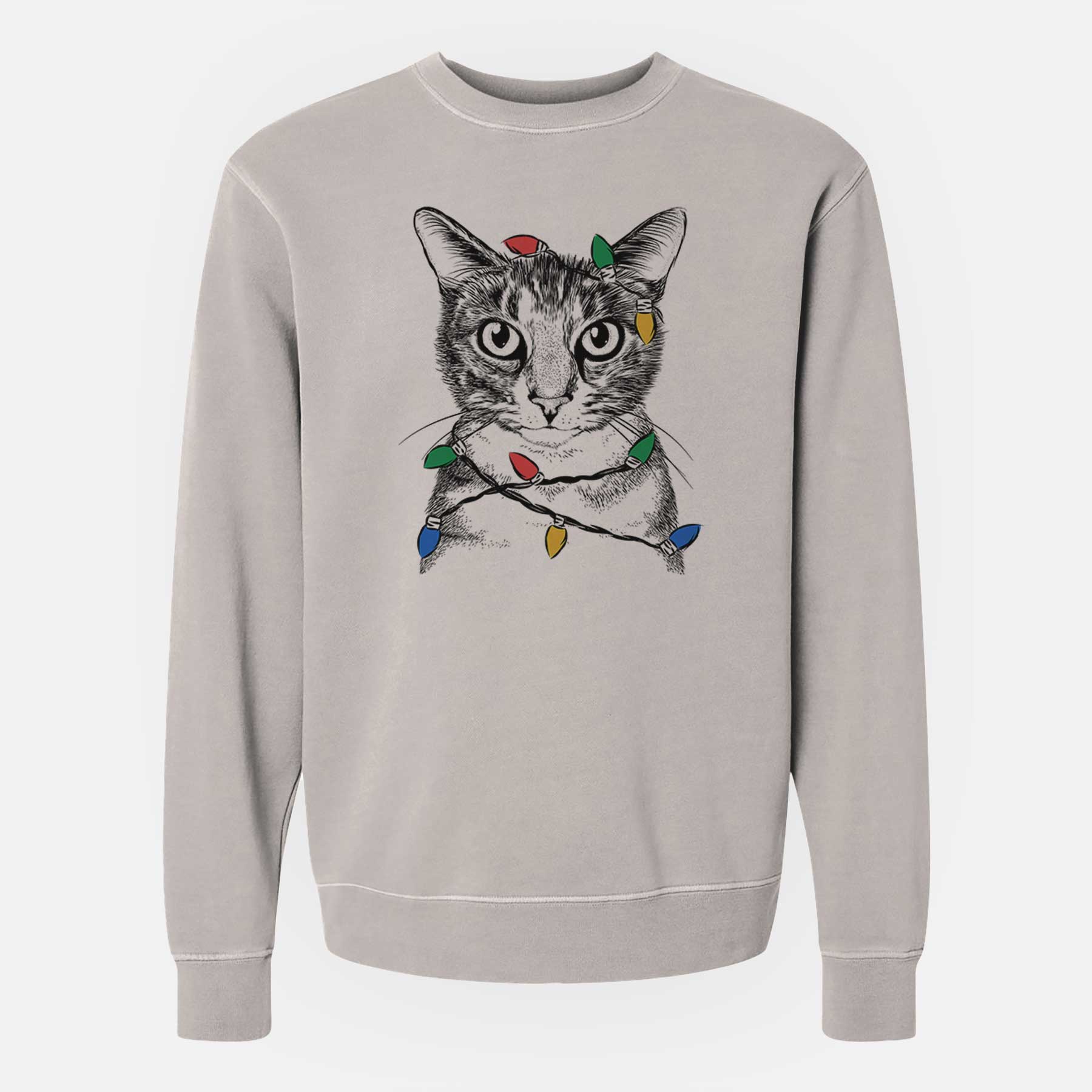 Christmas Lights Hobbes the Tabby Cat - Unisex Pigment Dyed Crew Sweatshirt