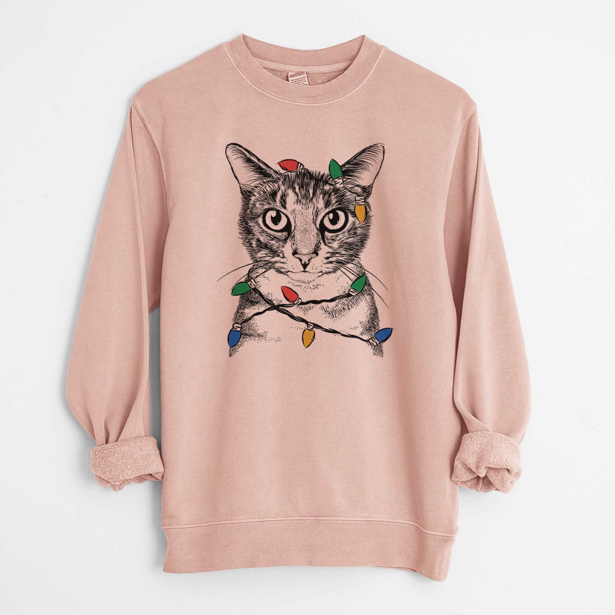 Christmas Lights Hobbes the Tabby Cat - Unisex Pigment Dyed Crew Sweatshirt