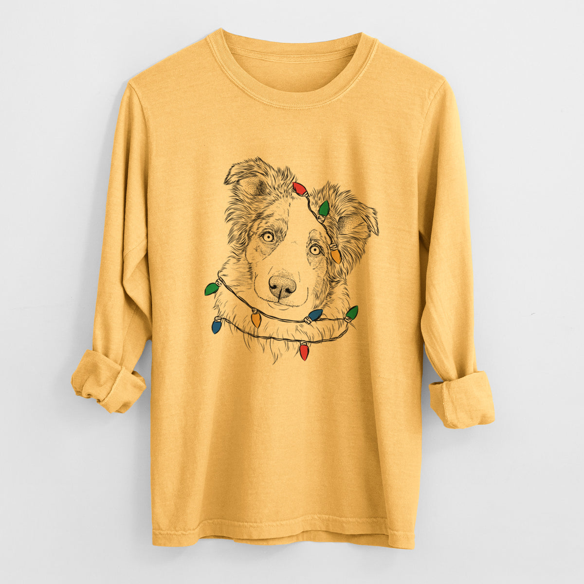 Christmas Lights HoneyBee the Miniature Australian Shepherd - Heavyweight 100% Cotton Long Sleeve