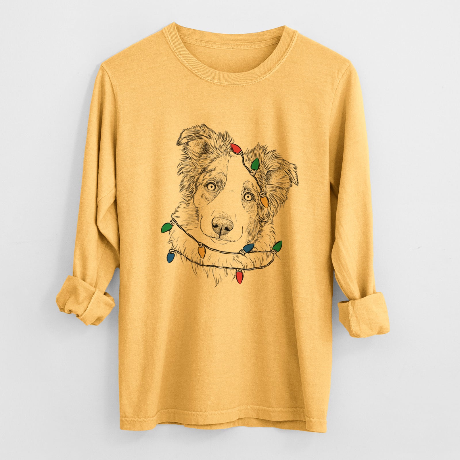Christmas Lights HoneyBee the Miniature Australian Shepherd - Heavyweight 100% Cotton Long Sleeve