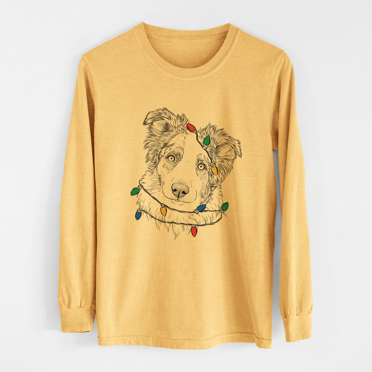 Christmas Lights HoneyBee the Miniature Australian Shepherd - Heavyweight 100% Cotton Long Sleeve