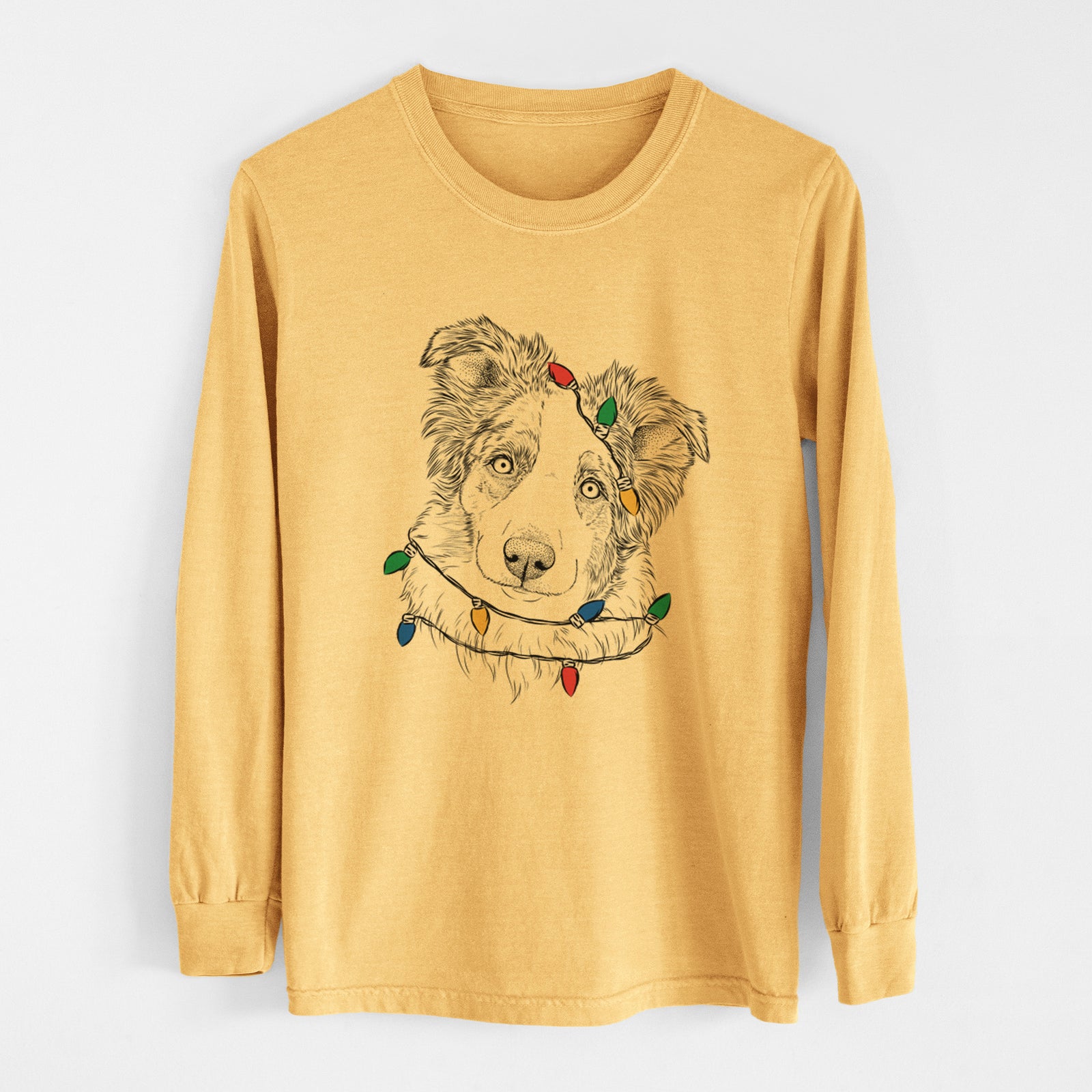 Christmas Lights HoneyBee the Miniature Australian Shepherd - Heavyweight 100% Cotton Long Sleeve