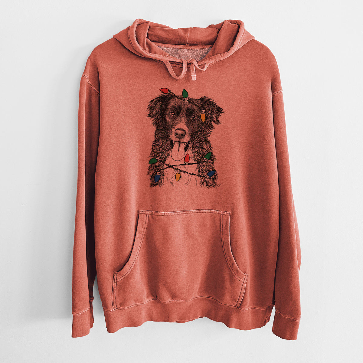 Christmas Lights Indi the Border Collie - Unisex Pigment Dyed Hoodie