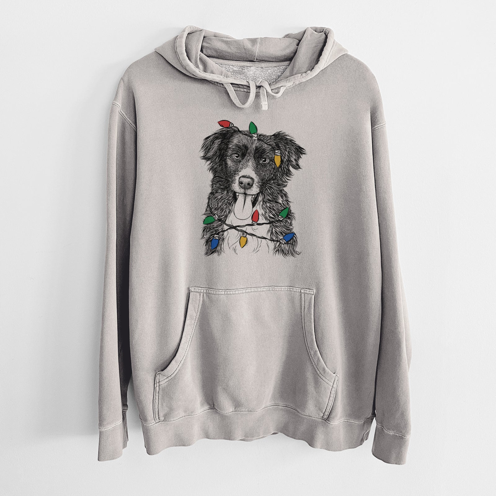 Christmas Lights Indi the Border Collie - Unisex Pigment Dyed Hoodie