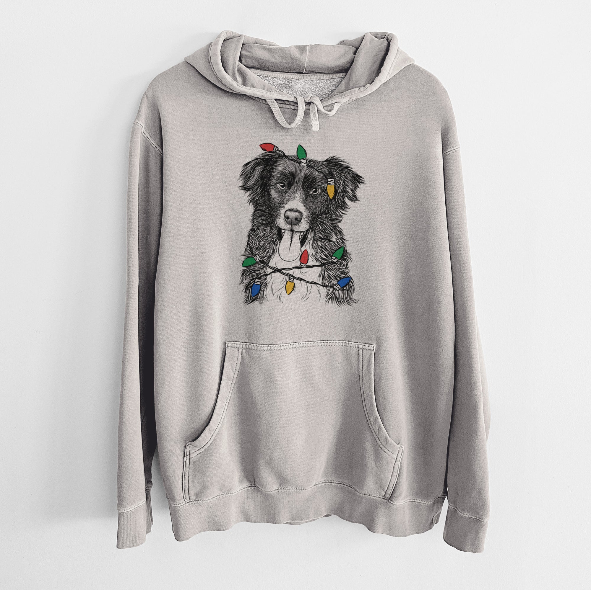Christmas Lights Indi the Border Collie - Unisex Pigment Dyed Hoodie
