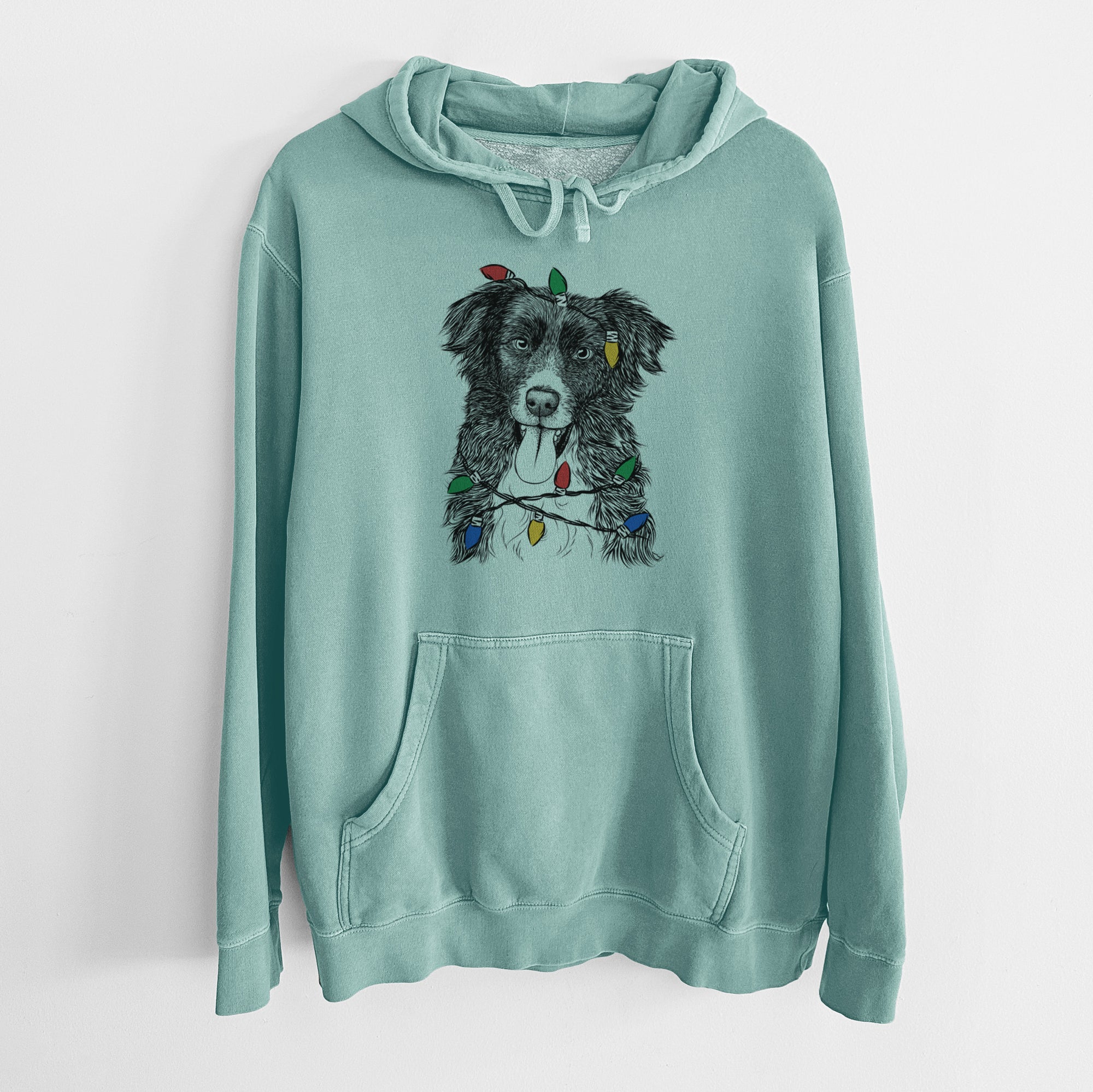 Christmas Lights Indi the Border Collie - Unisex Pigment Dyed Hoodie
