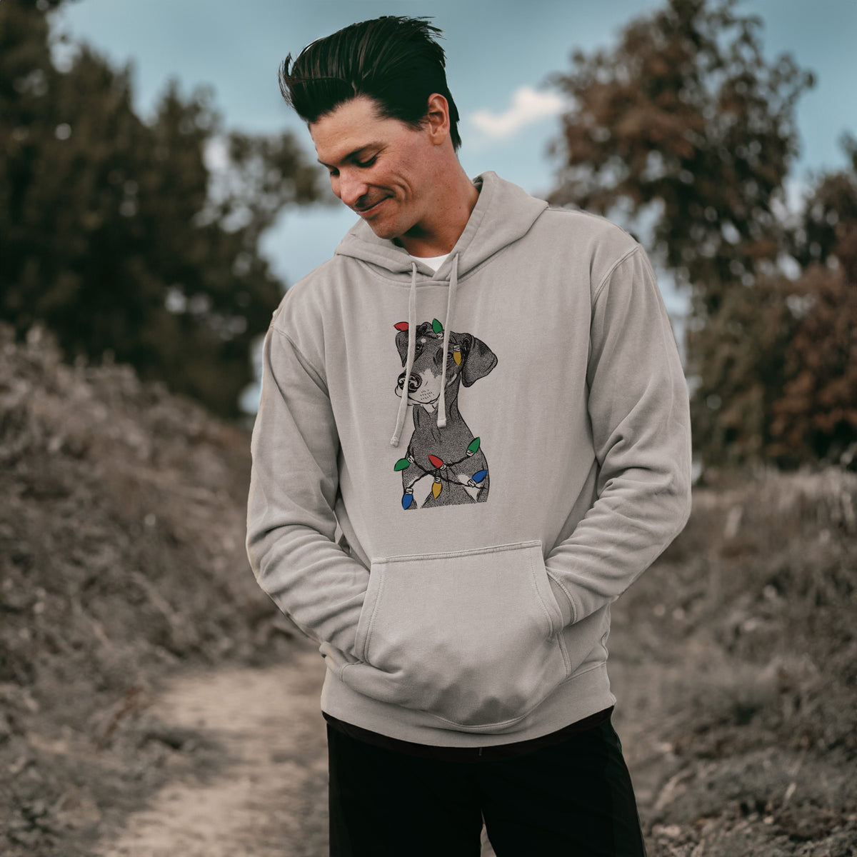 Christmas Lights Iroh the Doberman Pinscher - Unisex Pigment Dyed Hoodie