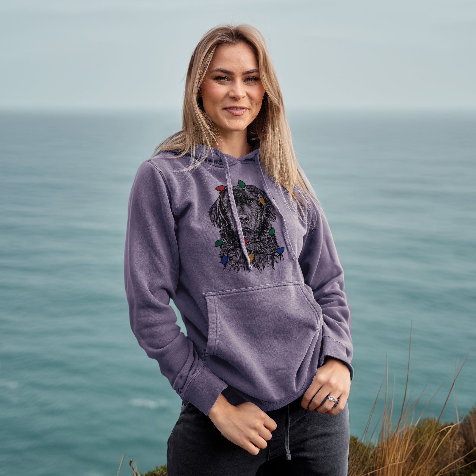 Christmas Lights Jinx the Newfoundland - Unisex Pigment Dyed Hoodie