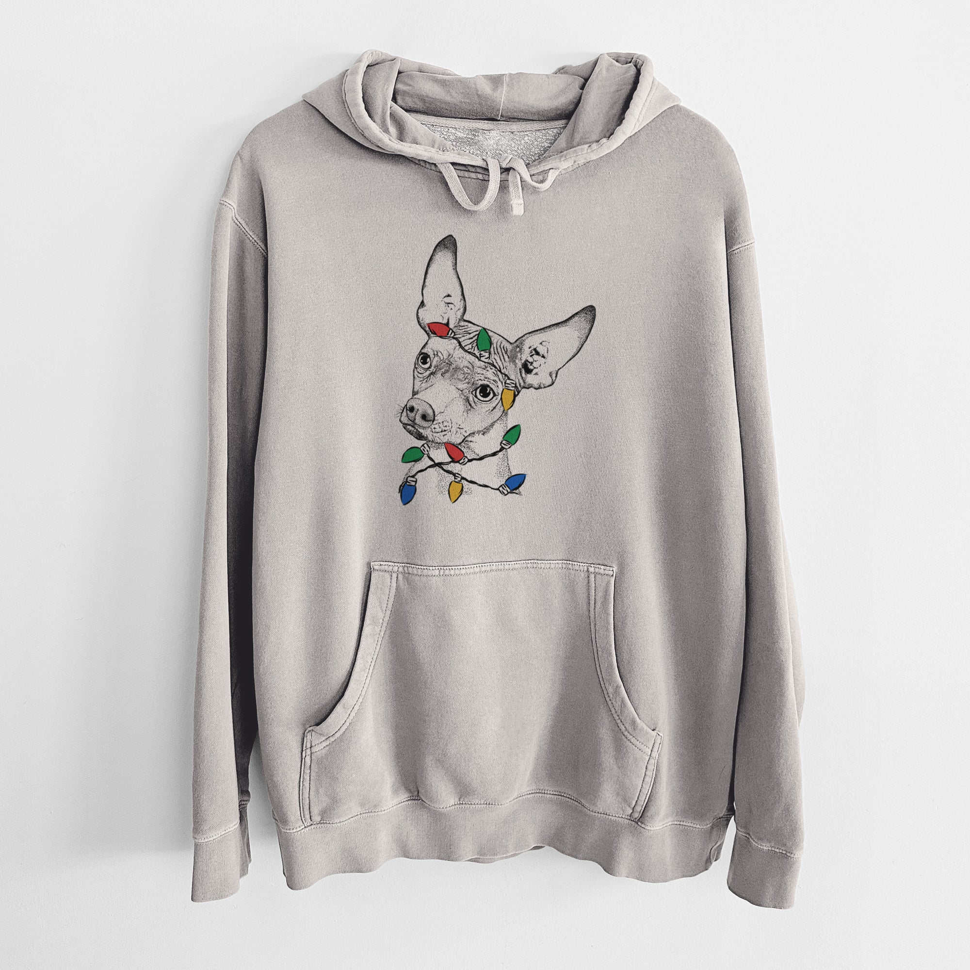 Christmas Lights Kahlo the Xoloitzcuintli - Unisex Pigment Dyed Hoodie