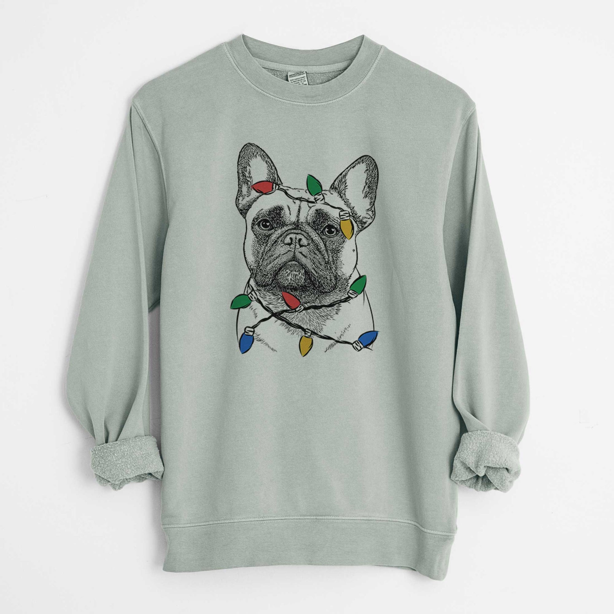 Christmas Lights Kingsleigh the French Bulldog - Unisex Pigment Dyed Crew Sweatshirt