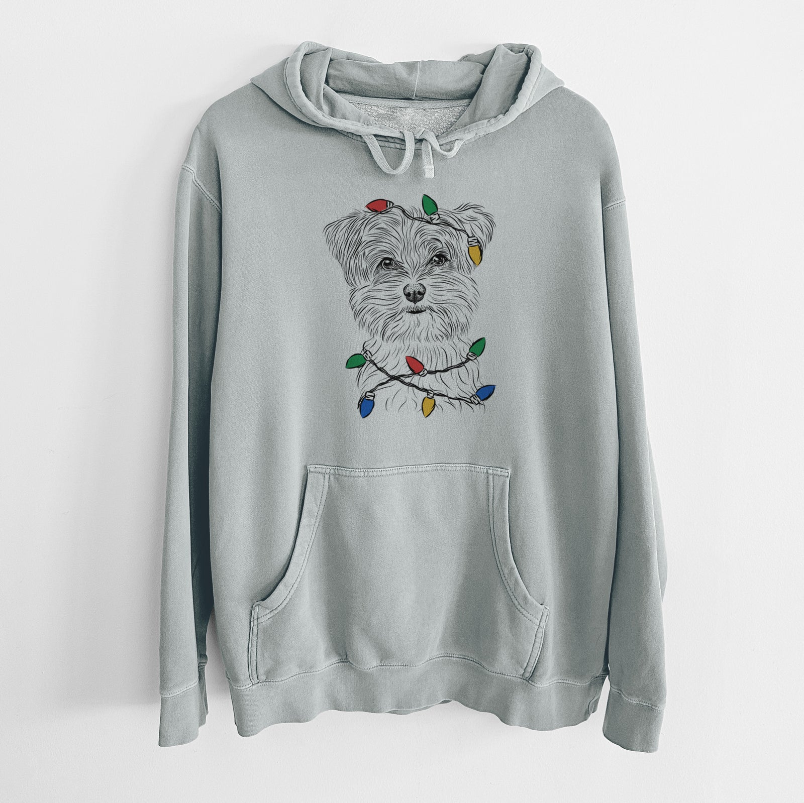 Christmas Lights Kiwi the Morkie - Unisex Pigment Dyed Hoodie