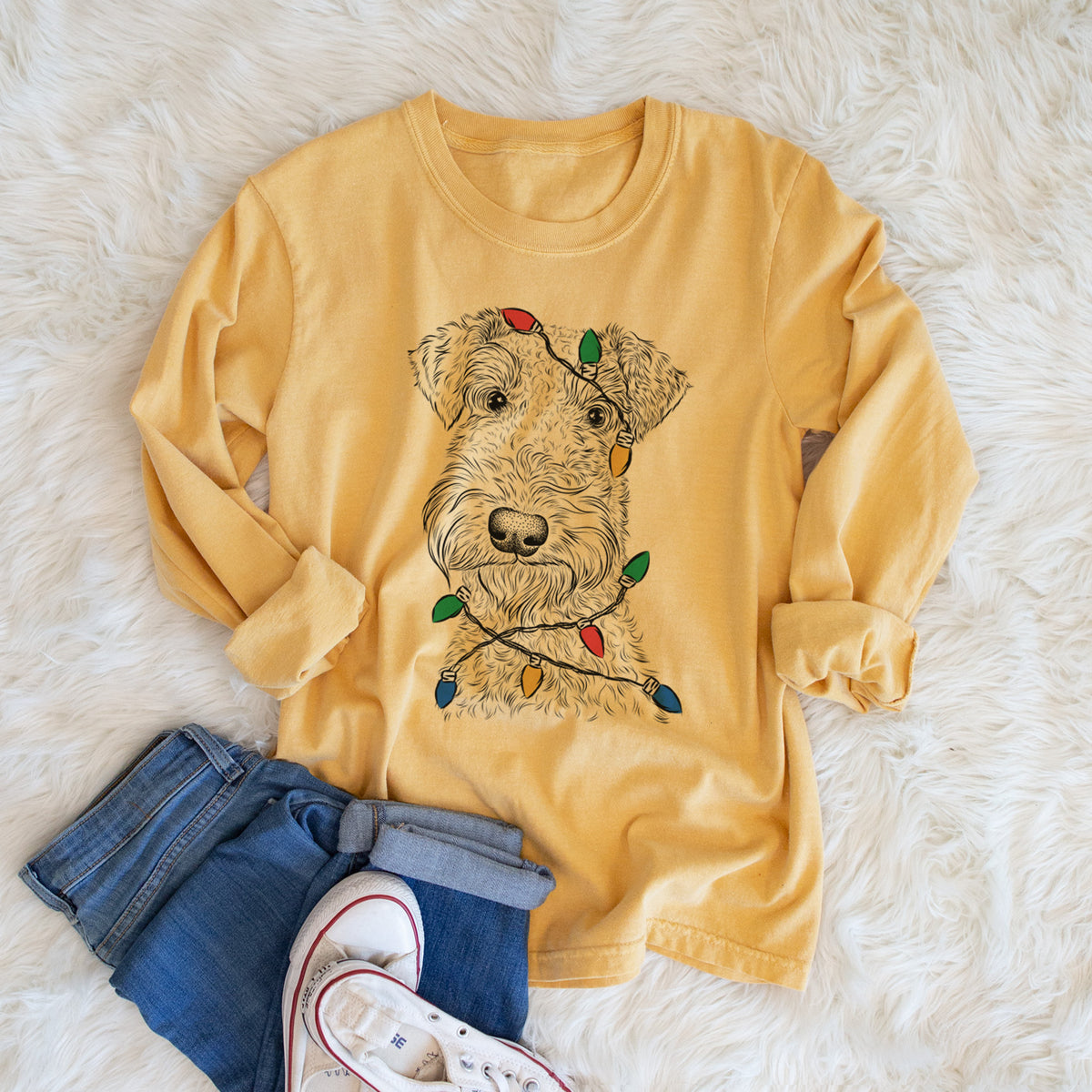 Christmas Lights Roc Haven Maggie May the Airedale Terrier - Heavyweight 100% Cotton Long Sleeve