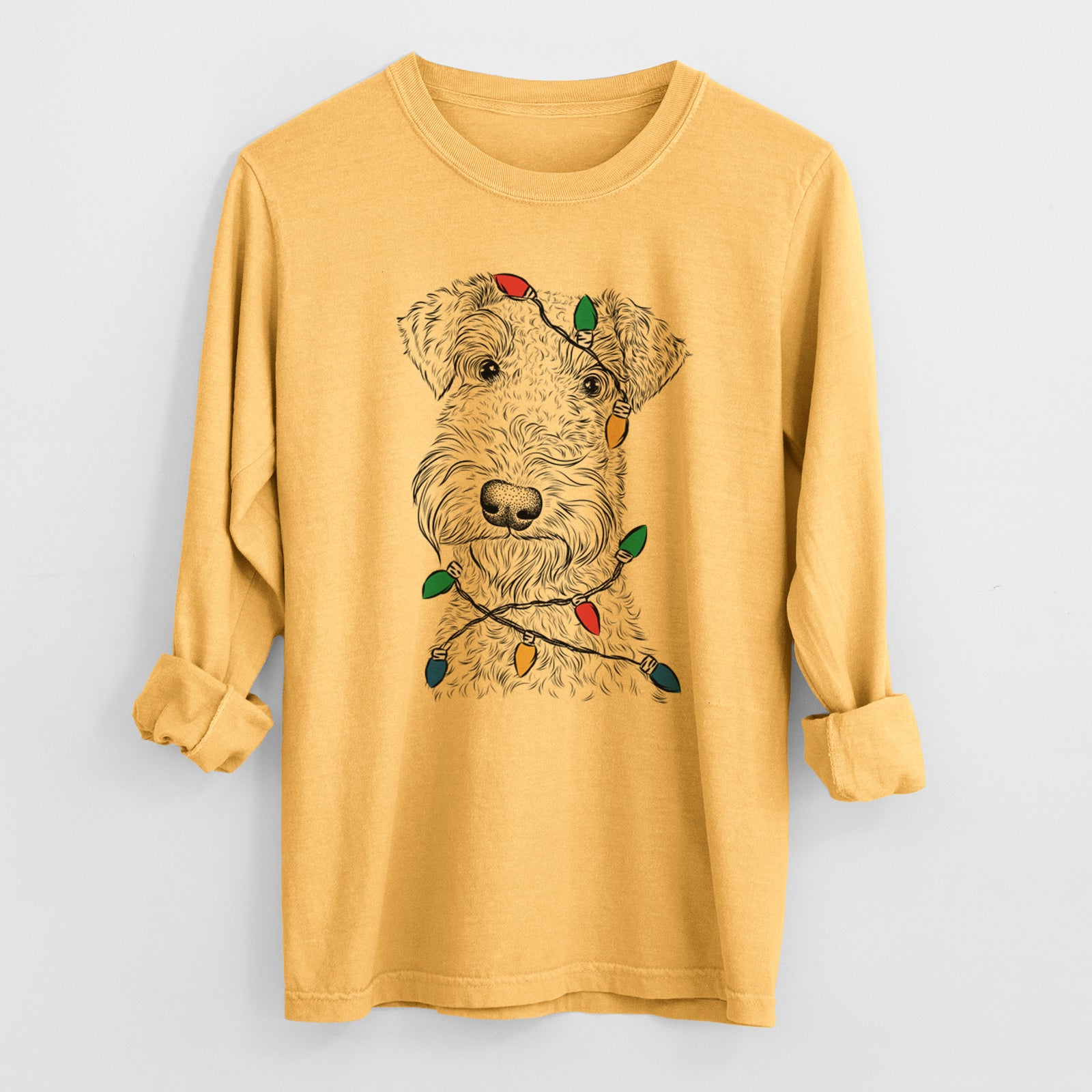 Christmas Lights Roc Haven Maggie May the Airedale Terrier - Heavyweight 100% Cotton Long Sleeve