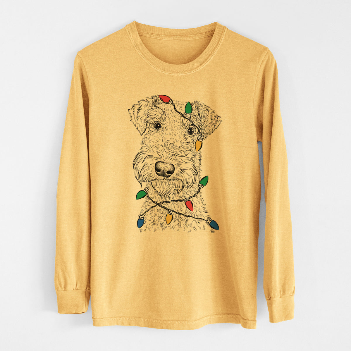 Christmas Lights Roc Haven Maggie May the Airedale Terrier - Heavyweight 100% Cotton Long Sleeve