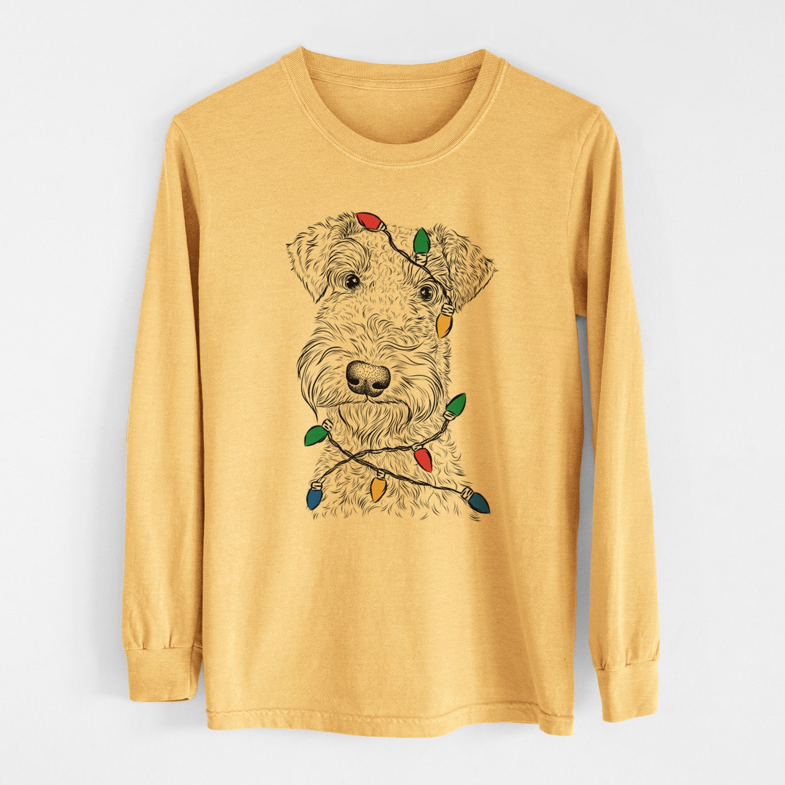 Christmas Lights Roc Haven Maggie May the Airedale Terrier - Heavyweight 100% Cotton Long Sleeve