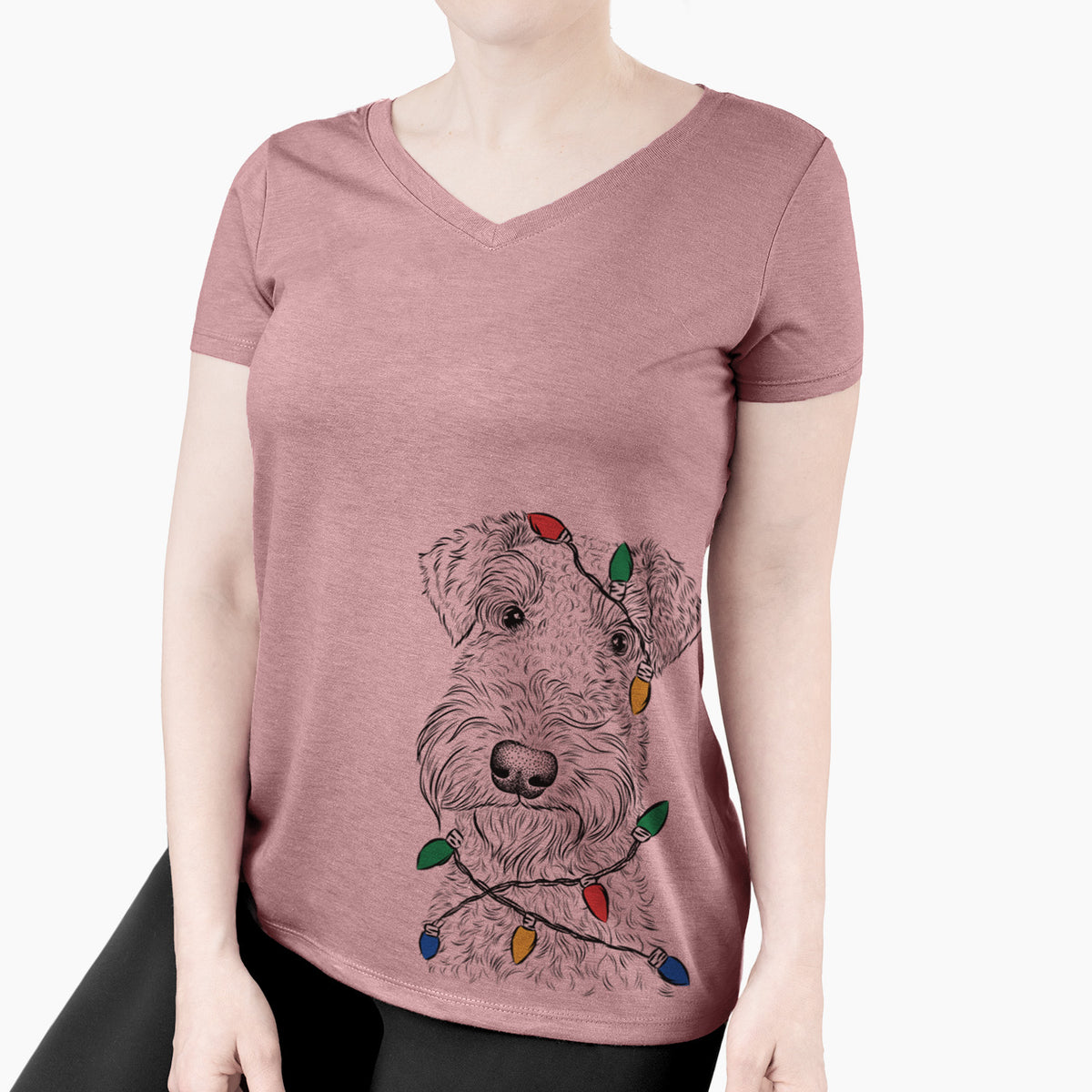 Christmas Lights Roc Haven Maggie May the Airedale Terrier - Women's Perfect V-neck Shirt