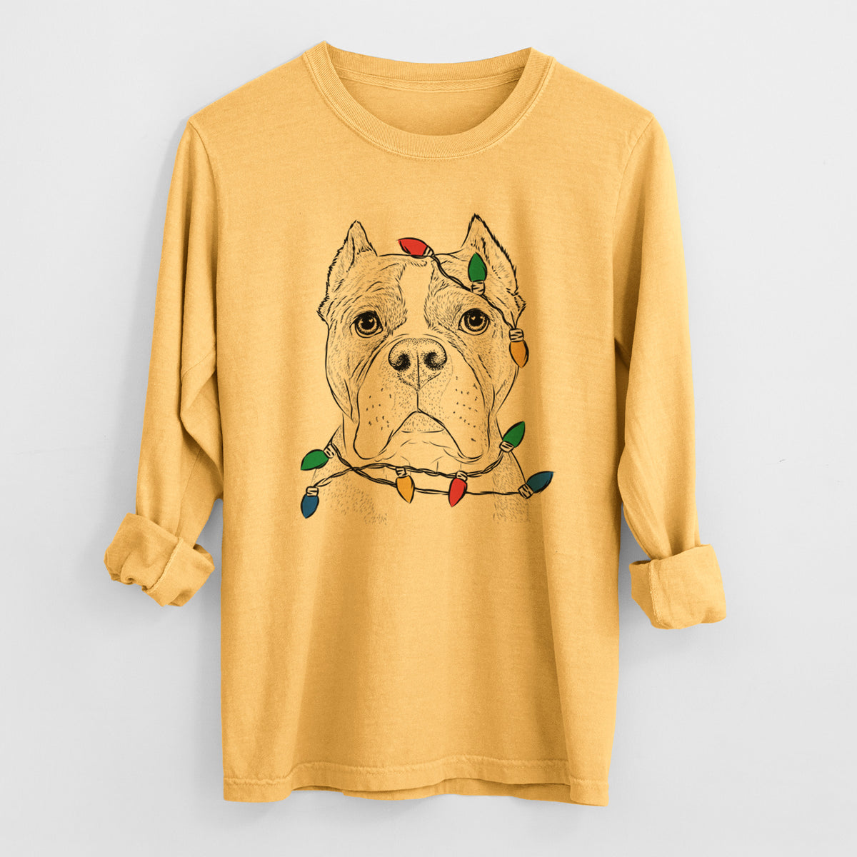 Christmas Lights Maggie the American Bulldog - Heavyweight 100% Cotton Long Sleeve