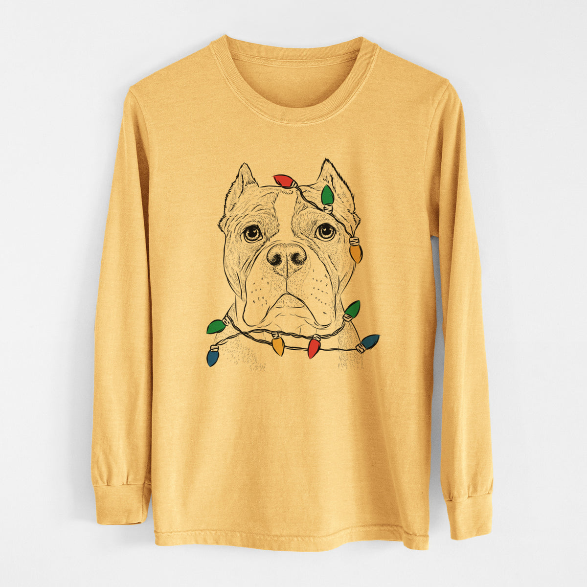 Christmas Lights Maggie the American Bulldog - Heavyweight 100% Cotton Long Sleeve