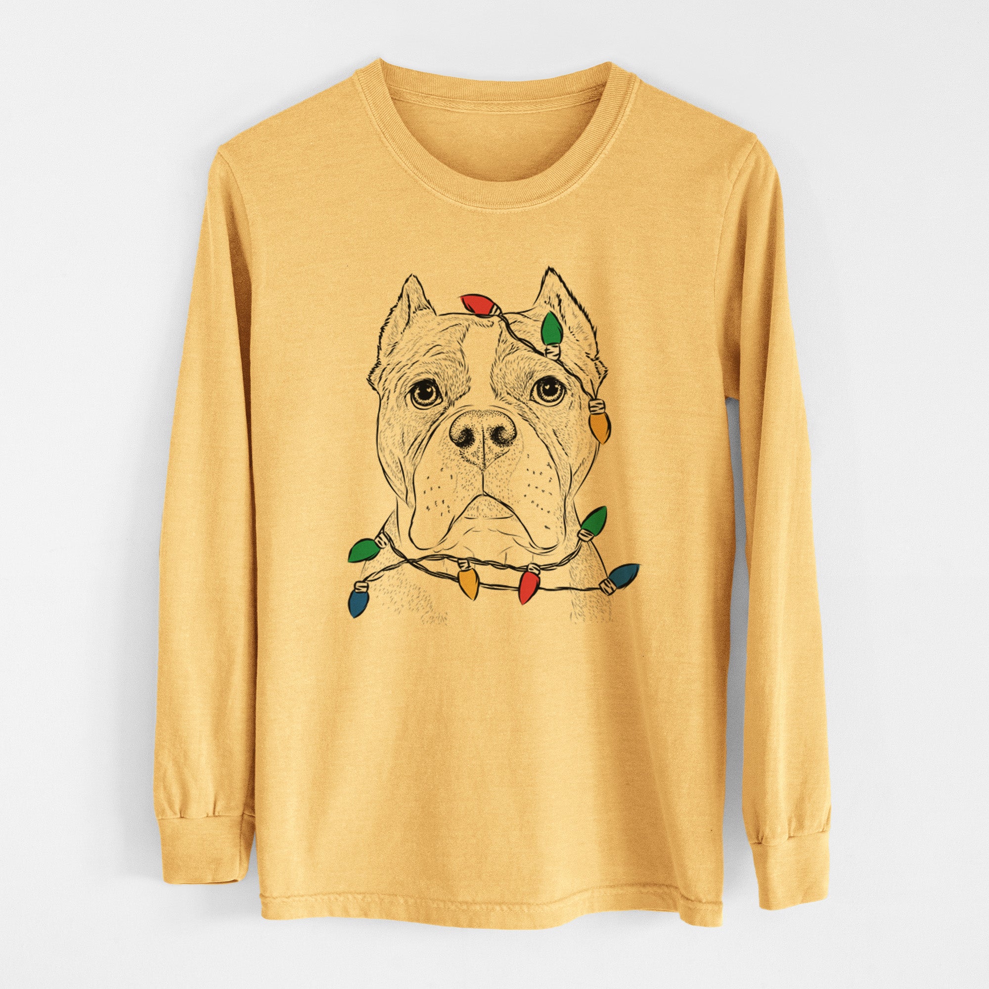 Christmas Lights Maggie the American Bulldog - Heavyweight 100% Cotton Long Sleeve