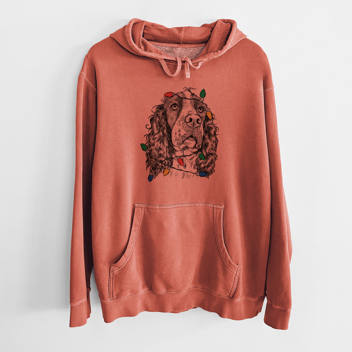 Christmas Lights Millie Mae the English Springer Spaniel - Unisex Pigment Dyed Hoodie