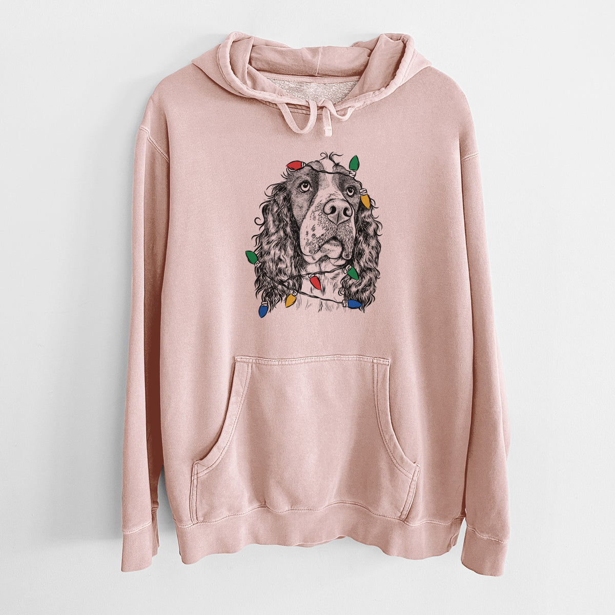 Christmas Lights Millie Mae the English Springer Spaniel - Unisex Pigment Dyed Hoodie