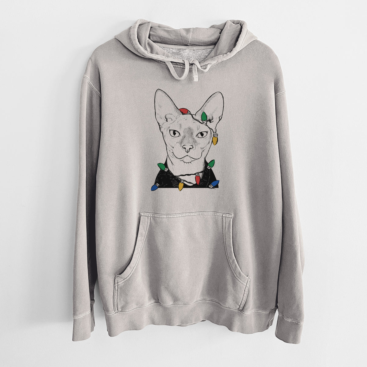 Christmas Lights Oliver Watson the Sphynx Cat - Unisex Pigment Dyed Hoodie