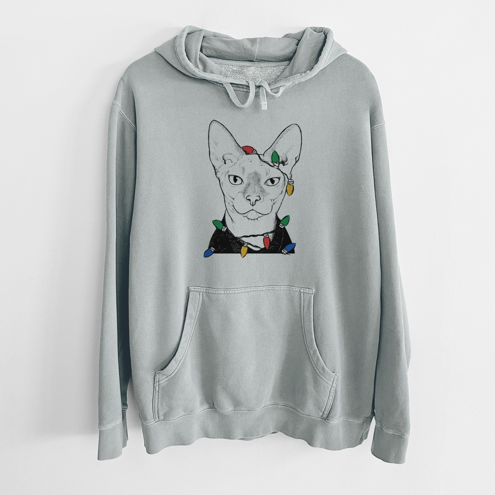 Christmas Lights Oliver Watson the Sphynx Cat - Unisex Pigment Dyed Hoodie