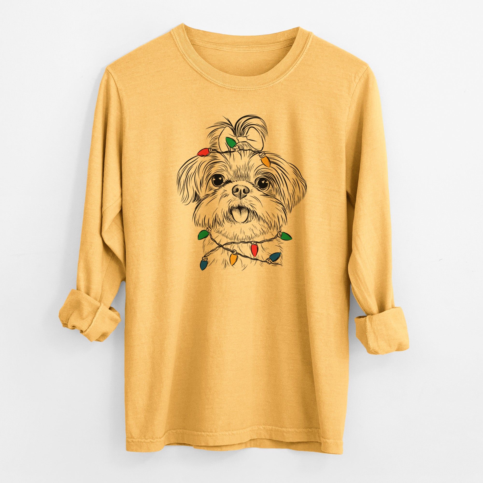 Christmas Lights Pebbles the Shorkie - Heavyweight 100% Cotton Long Sleeve