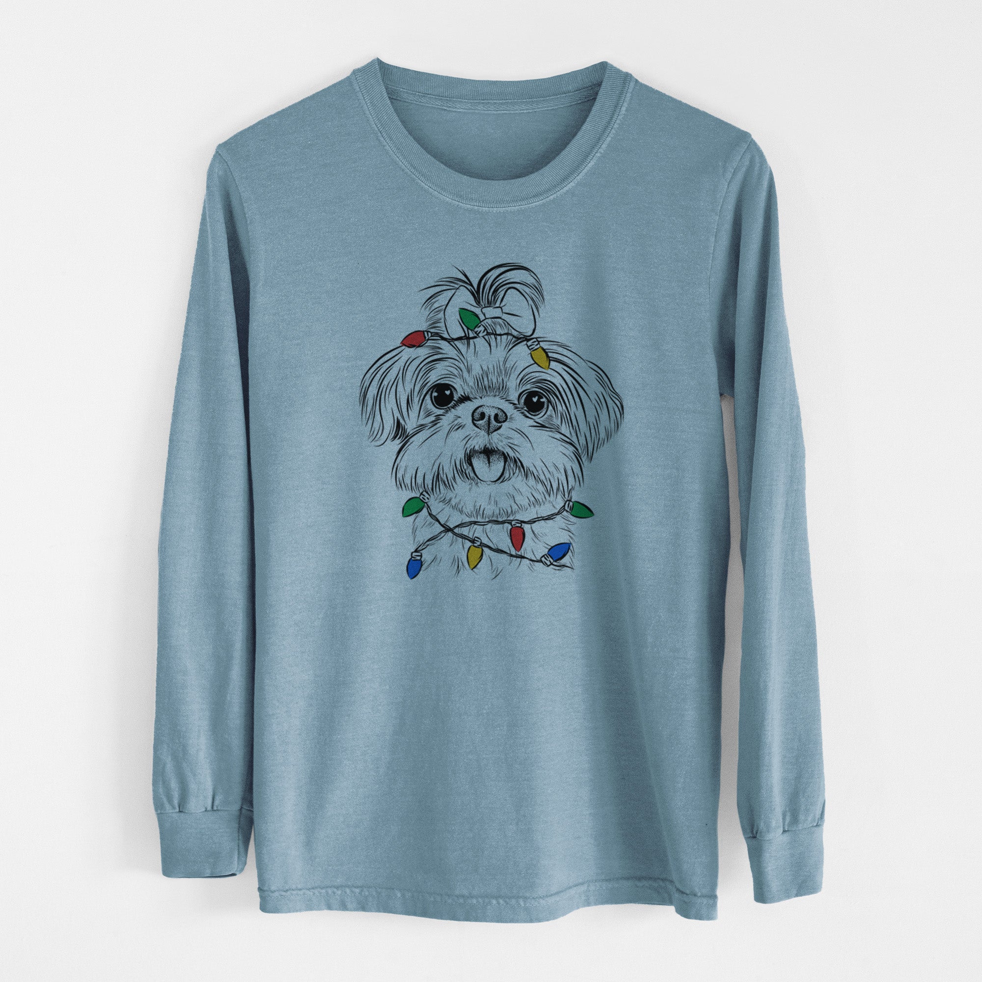 Christmas Lights Pebbles the Shorkie - Heavyweight 100% Cotton Long Sleeve