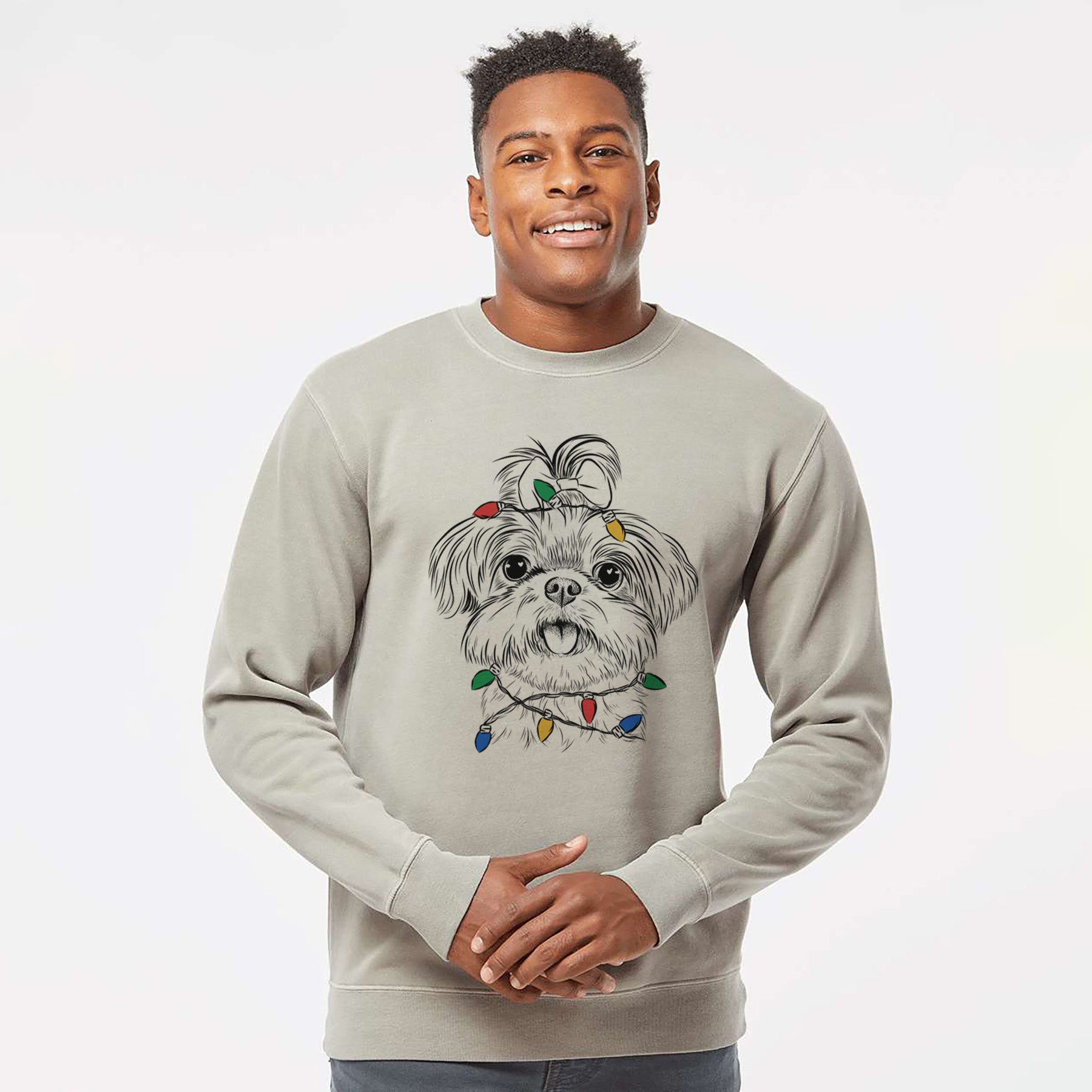 Christmas Lights Pebbles the Shorkie - Unisex Pigment Dyed Crew Sweatshirt