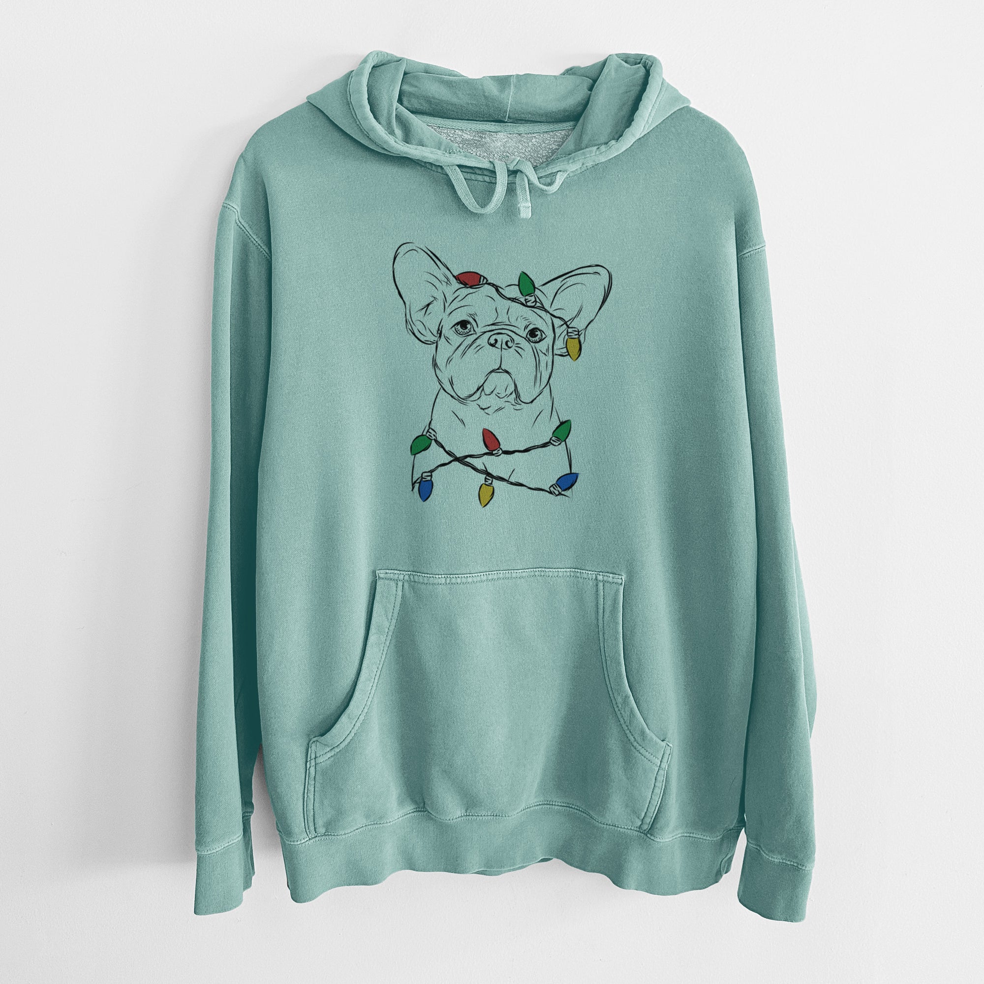 Christmas Lights Pierre the French Bulldog - Unisex Pigment Dyed Hoodie