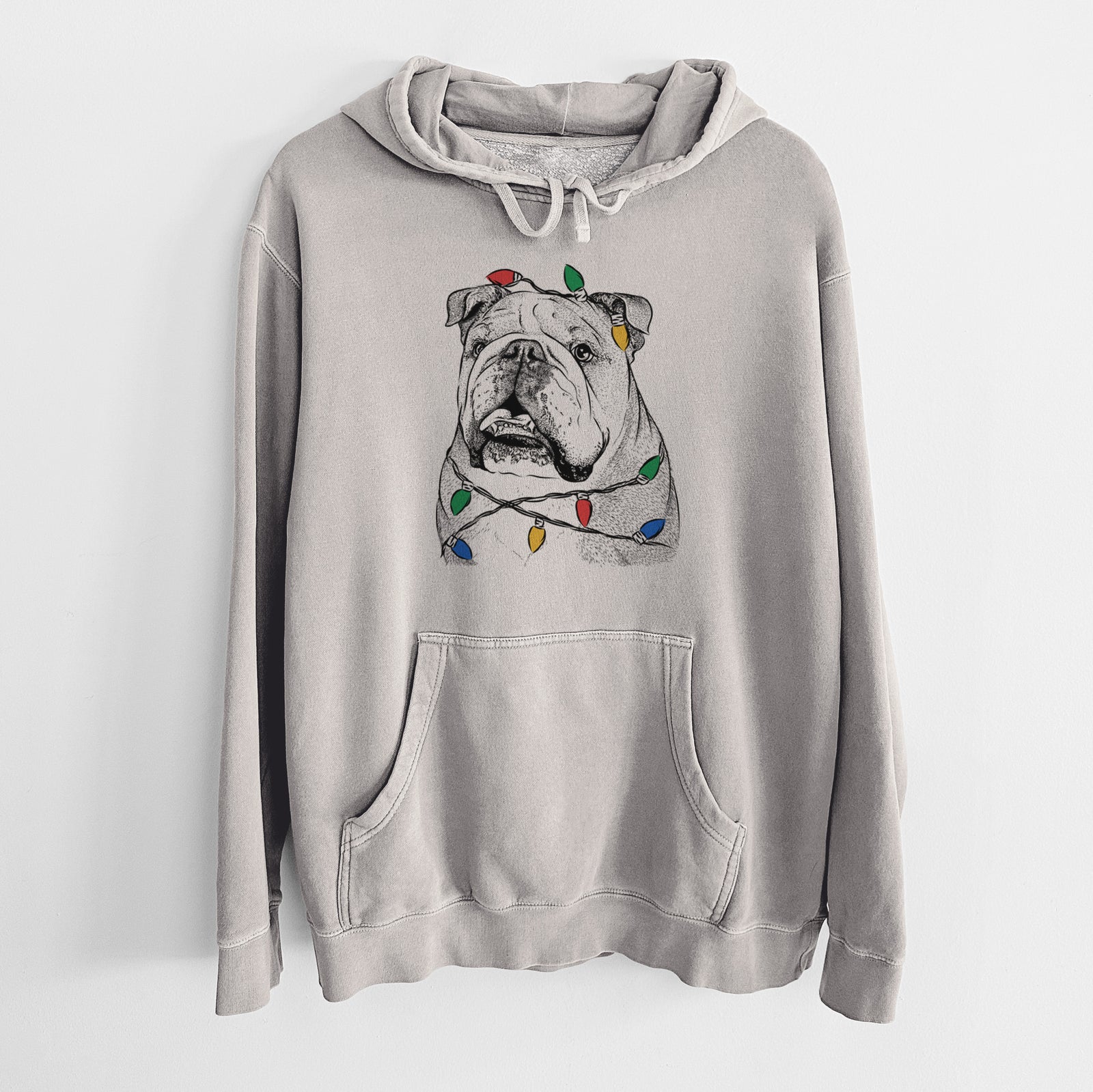 Christmas Lights Piggy the English Bulldog - Unisex Pigment Dyed Hoodie