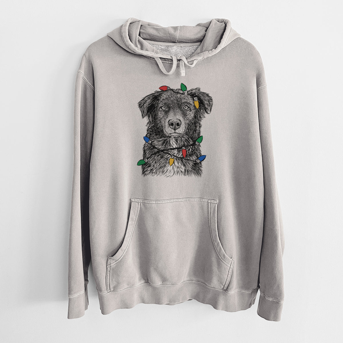 Christmas Lights Pixel the Australian Shepherd - Unisex Pigment Dyed Hoodie