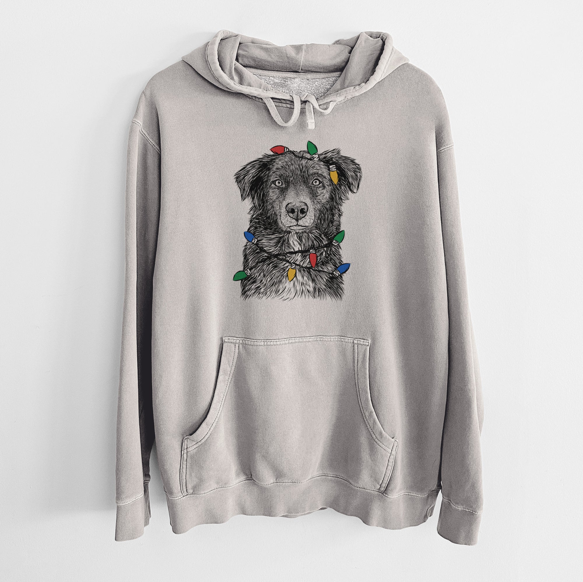 Christmas Lights Pixel the Australian Shepherd - Unisex Pigment Dyed Hoodie