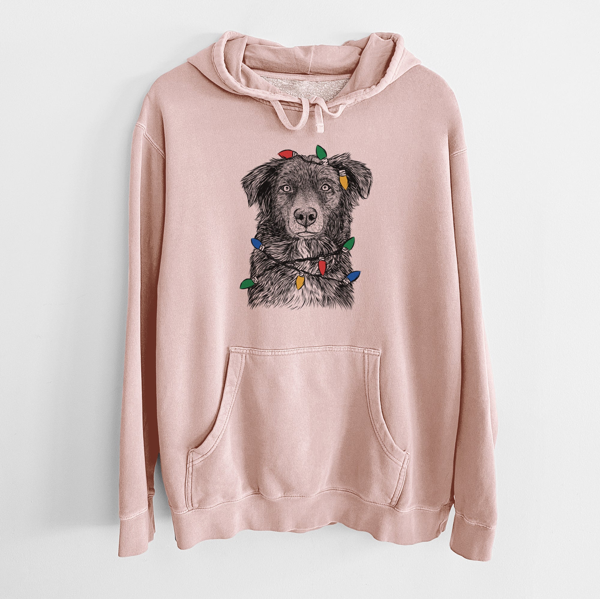 Christmas Lights Pixel the Australian Shepherd - Unisex Pigment Dyed Hoodie