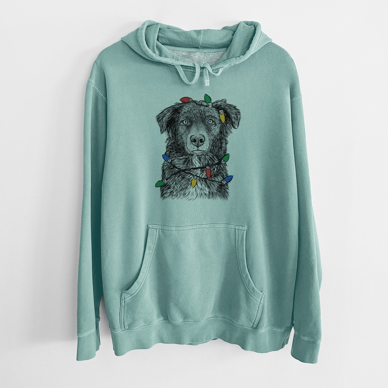 Christmas Lights Pixel the Australian Shepherd - Unisex Pigment Dyed Hoodie