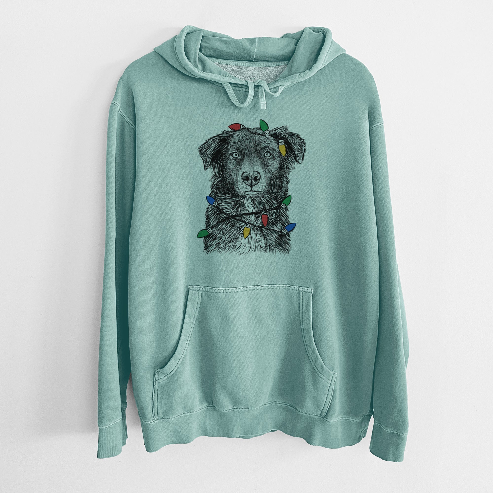Christmas Lights Pixel the Australian Shepherd - Unisex Pigment Dyed Hoodie