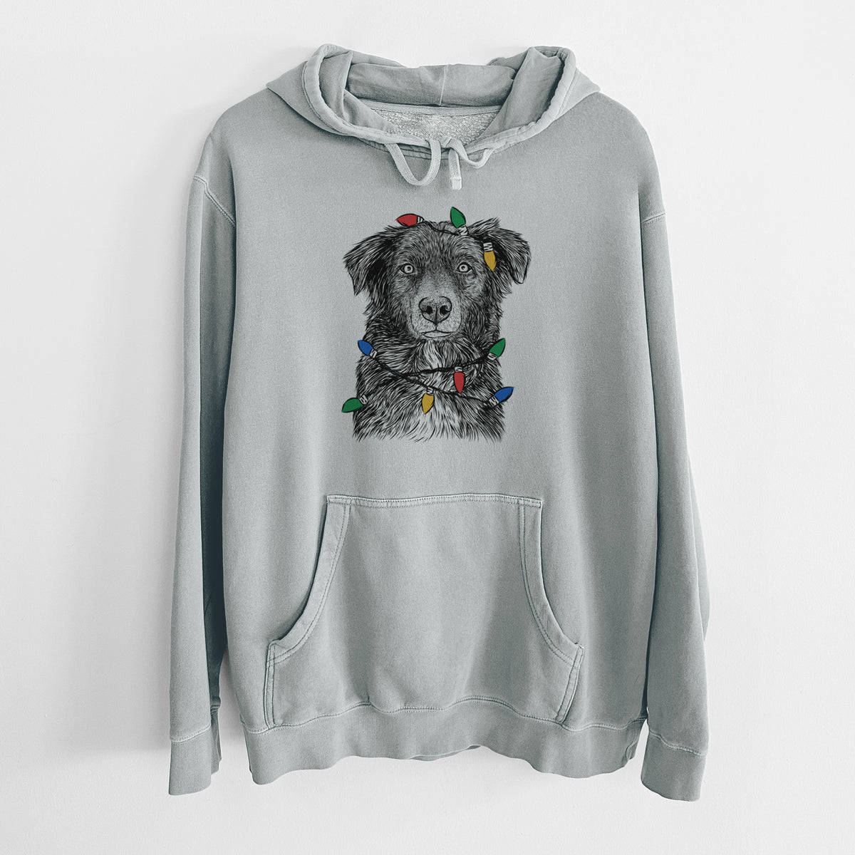Christmas Lights Pixel the Australian Shepherd - Unisex Pigment Dyed Hoodie