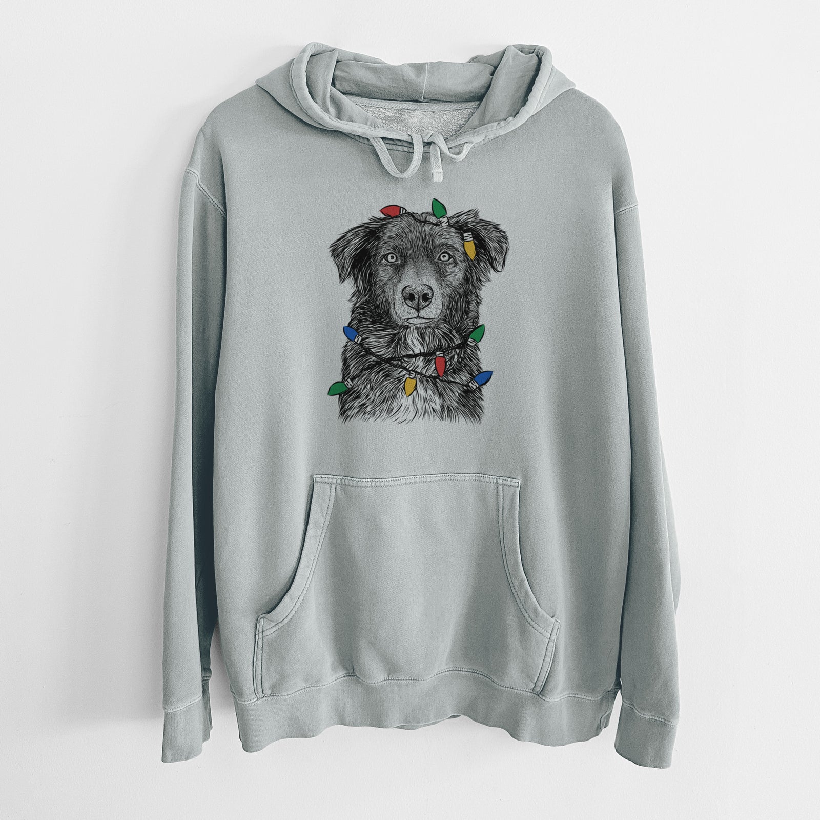 Christmas Lights Pixel the Australian Shepherd - Unisex Pigment Dyed Hoodie