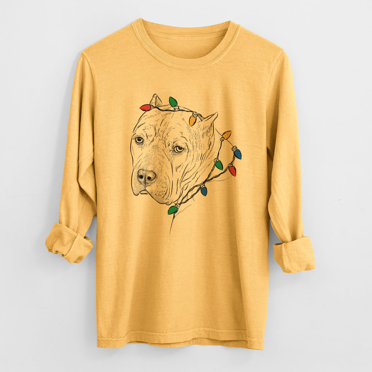 Christmas Lights Precious the Staffordshire Terrier - Heavyweight 100% Cotton Long Sleeve