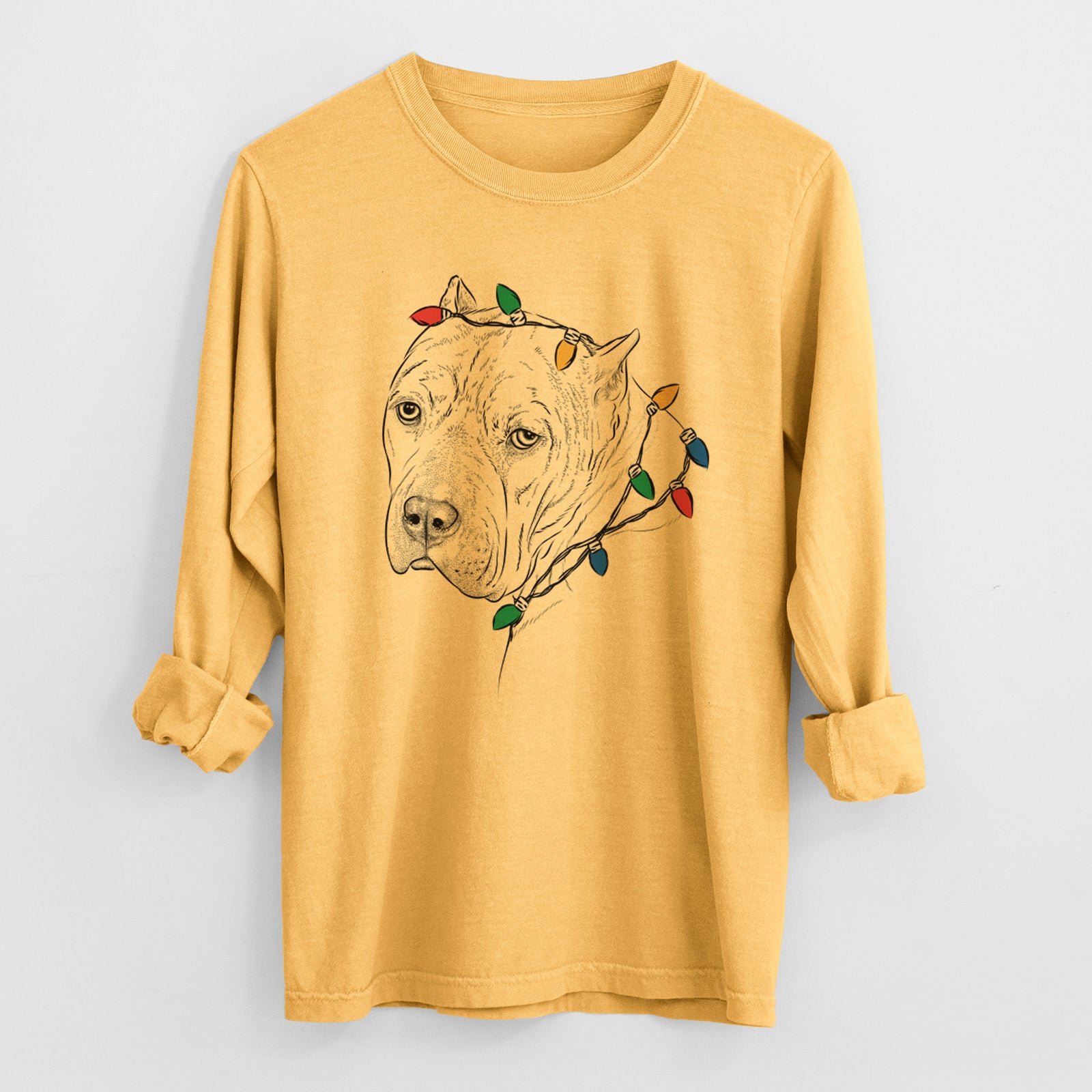 Christmas Lights Precious the Staffordshire Terrier - Heavyweight 100% Cotton Long Sleeve