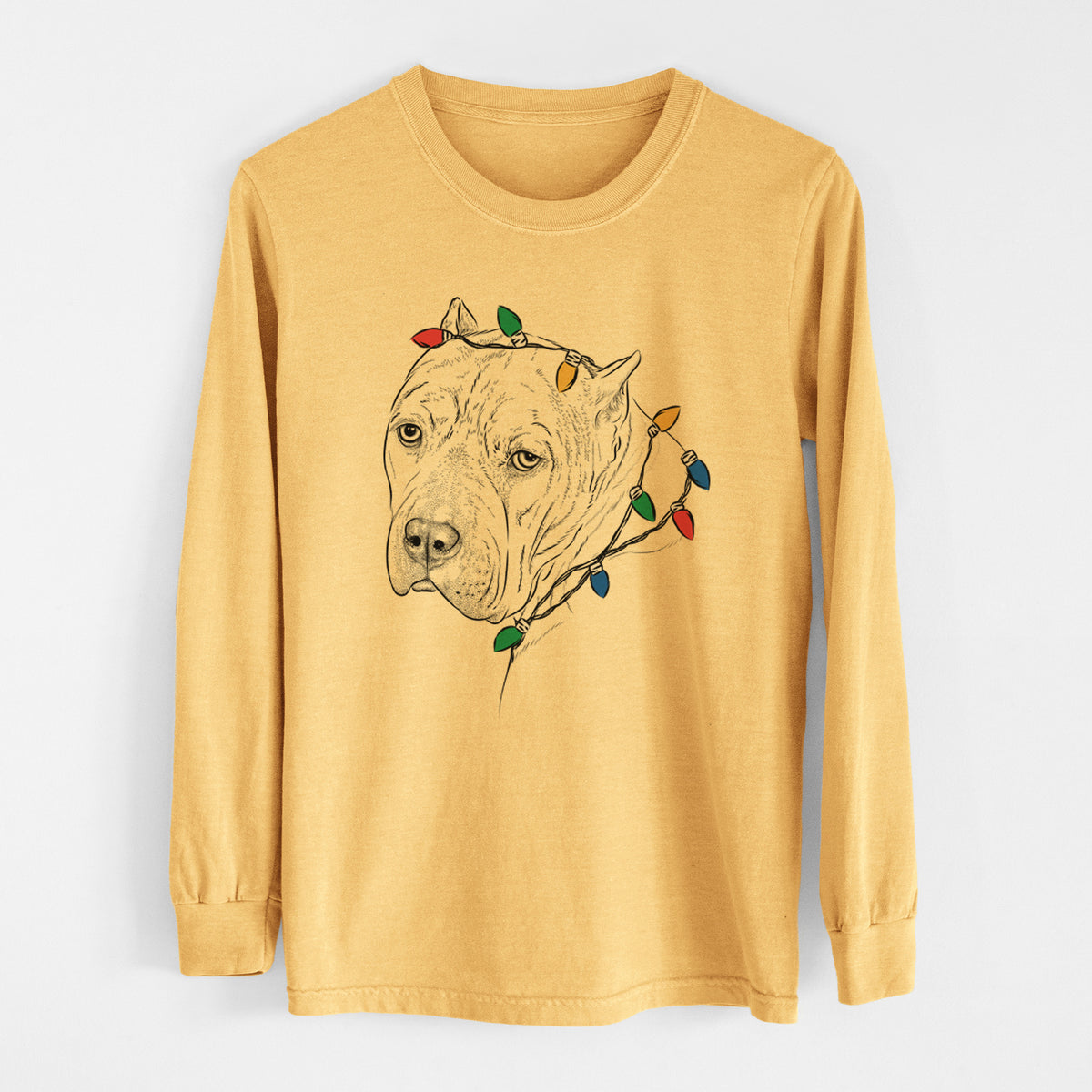 Christmas Lights Precious the Staffordshire Terrier - Heavyweight 100% Cotton Long Sleeve