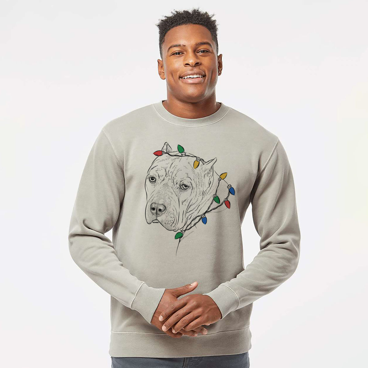 Christmas Lights Precious the Staffordshire Terrier - Unisex Pigment Dyed Crew Sweatshirt