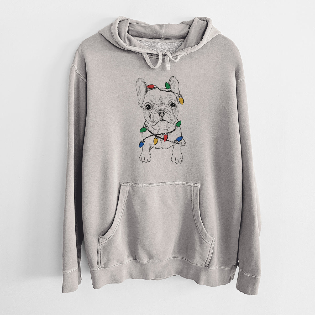 Christmas Lights Puppy Pierre the French Bulldog - Unisex Pigment Dyed Hoodie