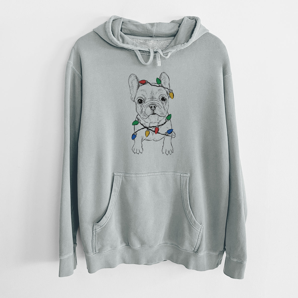 Christmas Lights Puppy Pierre the French Bulldog - Unisex Pigment Dyed Hoodie