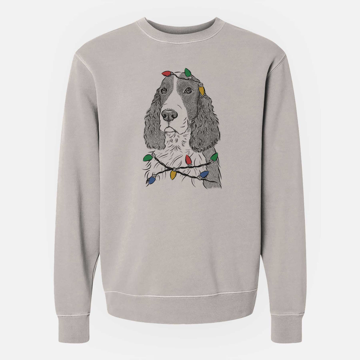 Christmas Lights Quincy the English Springer Spaniel - Unisex Pigment Dyed Crew Sweatshirt